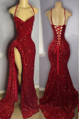 Stunning Shiny Red Sequin Mermaid Prom Dress with Elegant Front Split