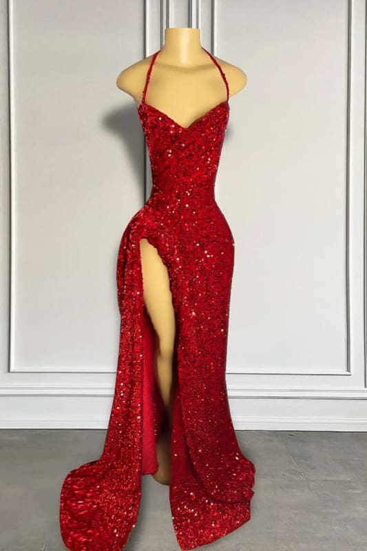 Stunning Shiny Red Sequin Mermaid Prom Dress with Elegant Front Split