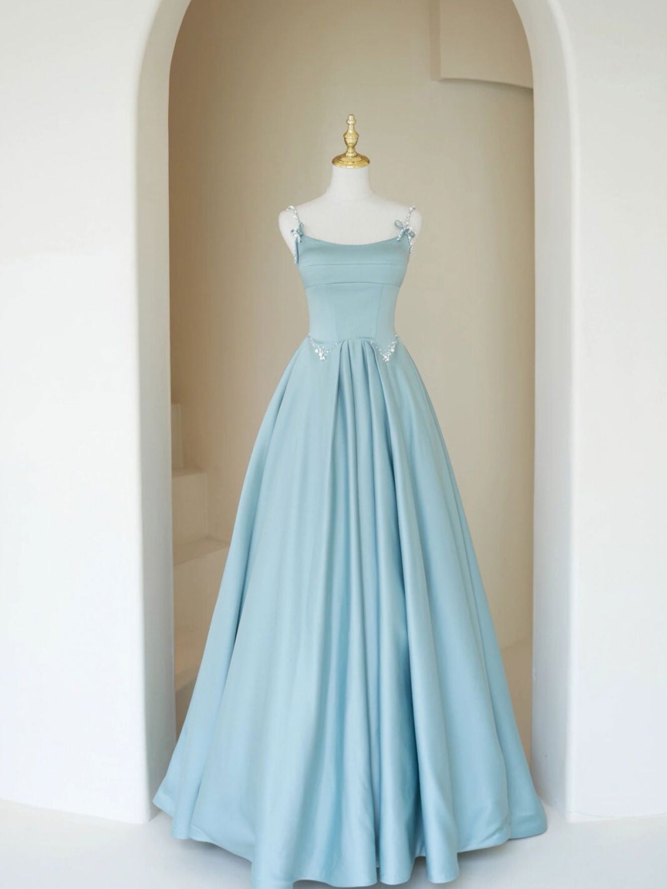 Lovely Blue Satin A Line Long Prom Dress Bridesmaid Gown
