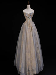 Elegant Gray Blue Long Prom Dress with Sweetheart Neckline Designed