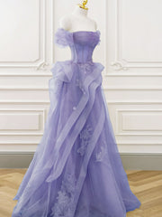 Stunning Purple A-Line Off Shoulder Tulle Lace Prom Gown