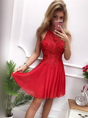 Short Gray and Red Lace Prom Dress: High Neck Homecoming Gown