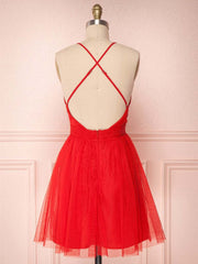 Simple Red V-Neck Tulle Homecoming Dress: Short, Cute, Formal, Evening