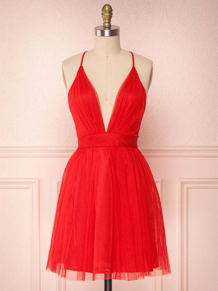 Simple Red V-Neck Tulle Homecoming Dress: Short, Cute, Formal, Evening