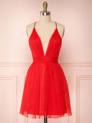 Simple Red V-Neck Tulle Homecoming Dress: Short, Cute, Formal, Evening