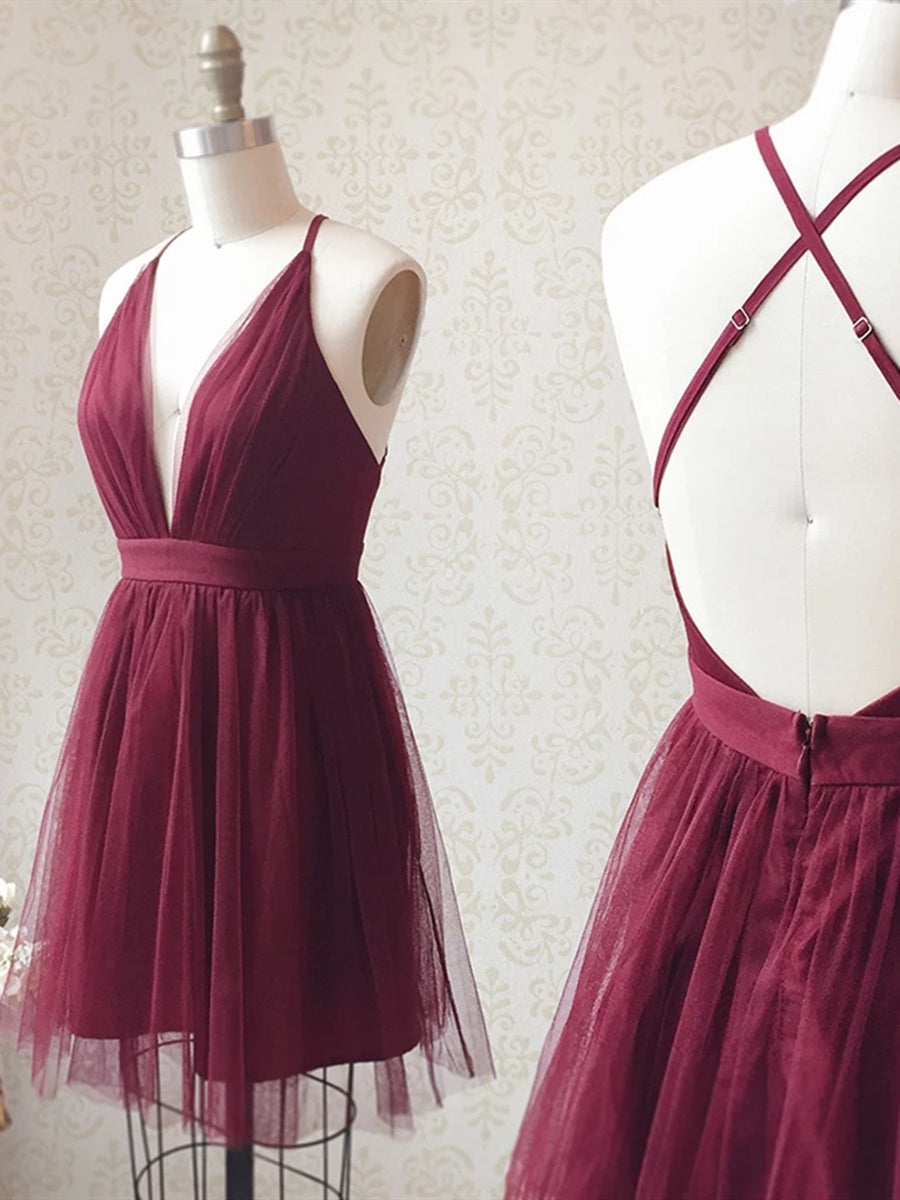 Burgundy V-Neck Short Prom Homecoming Dress Backless Formal Graduation Evening