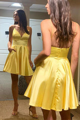 Simple V-Neck Backless Yellow Satin Long Prom Homecoming Graduation Dress