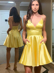 Simple V-Neck Backless Yellow Satin Long Prom Homecoming Graduation Dress