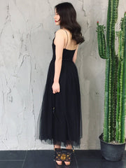 Simple V Neck Open Back Black Tea Length Prom Dress