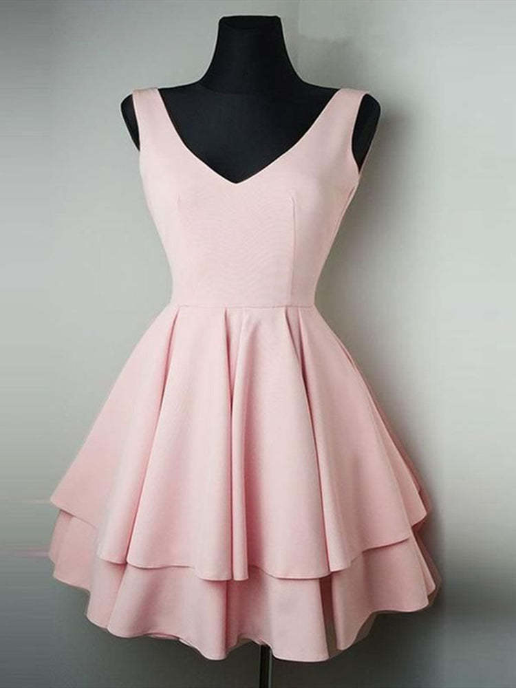 Simple V-Neck Pink Homecoming Dress Short Prom, Graduation, Evening Gown