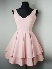 Simple V-Neck Pink Homecoming Dress Short Prom, Graduation, Evening Gown