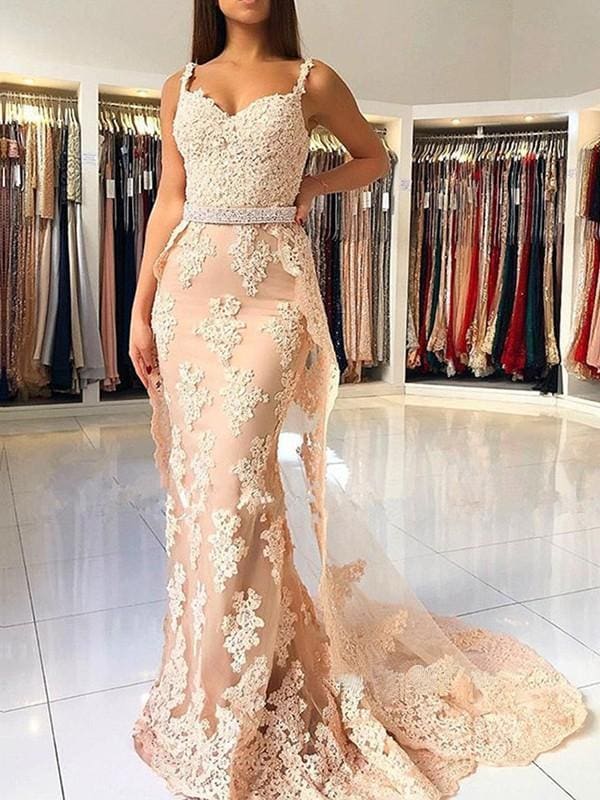 Elegant Lace Tulle Mermaid Prom Dress, Sleeveless Straps, Sweep Train Gown
