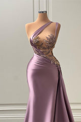 Strapless Purple Satin Prom Gown with Pleated Beading
