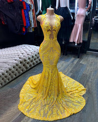 Radiant Yellow Sequined Mermaid Gown: Elegant Sleeveless Prom Dress for Women