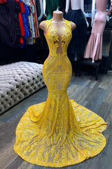 Radiant Yellow Sequined Mermaid Gown: Elegant Sleeveless Prom Dress for Women