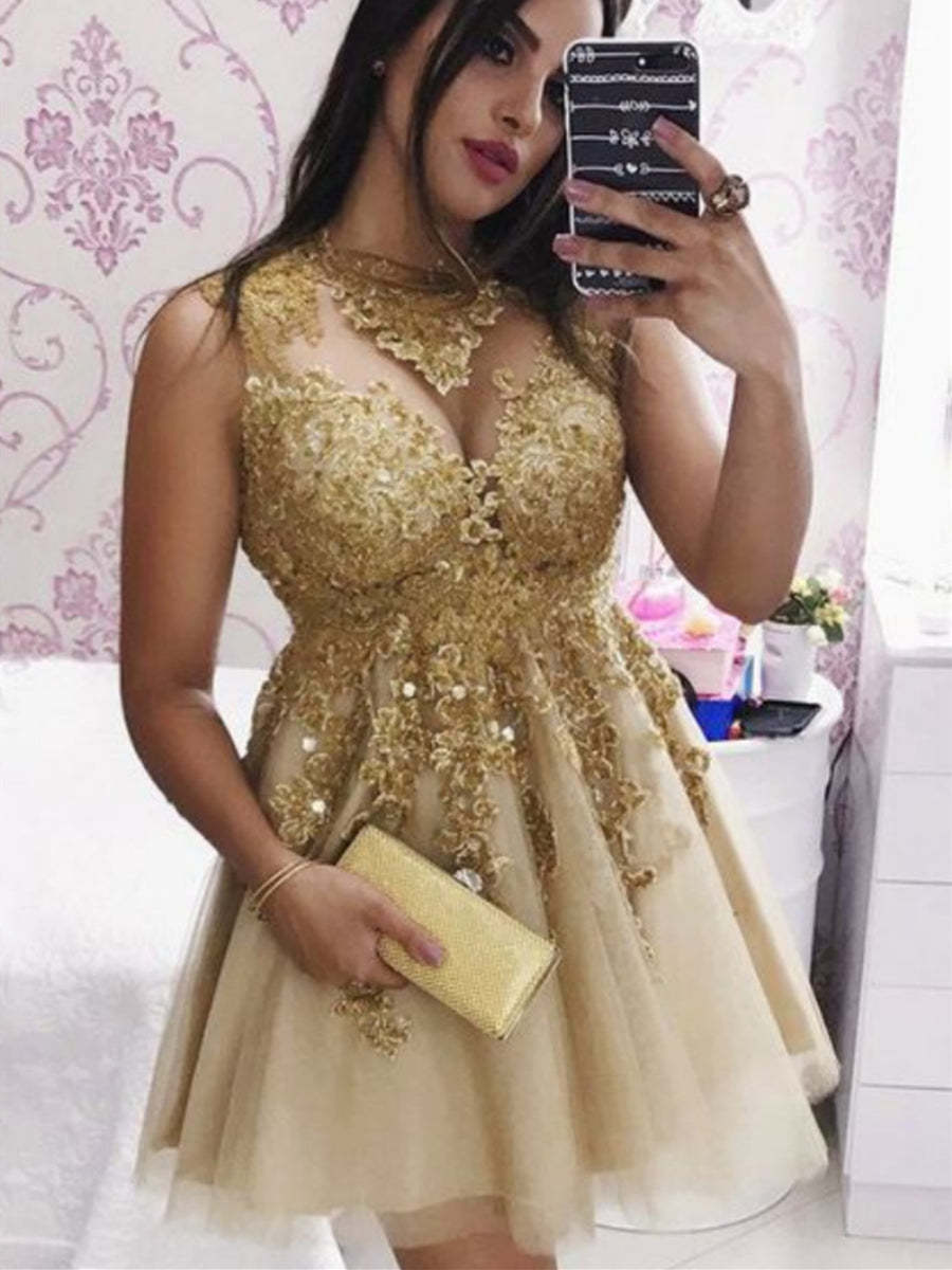 Sparkly Golden Lace Appliques Short Prom Dresses, Elegant Homecoming Graduation Evening Dress