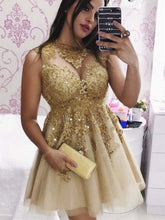 Sparkly Golden Lace Appliques Short Prom Dresses, Elegant Homecoming Graduation Evening Dress
