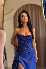 Elegant Royal Blue Sequin Strapless Sheath Prom Dress with Ruffle Slit