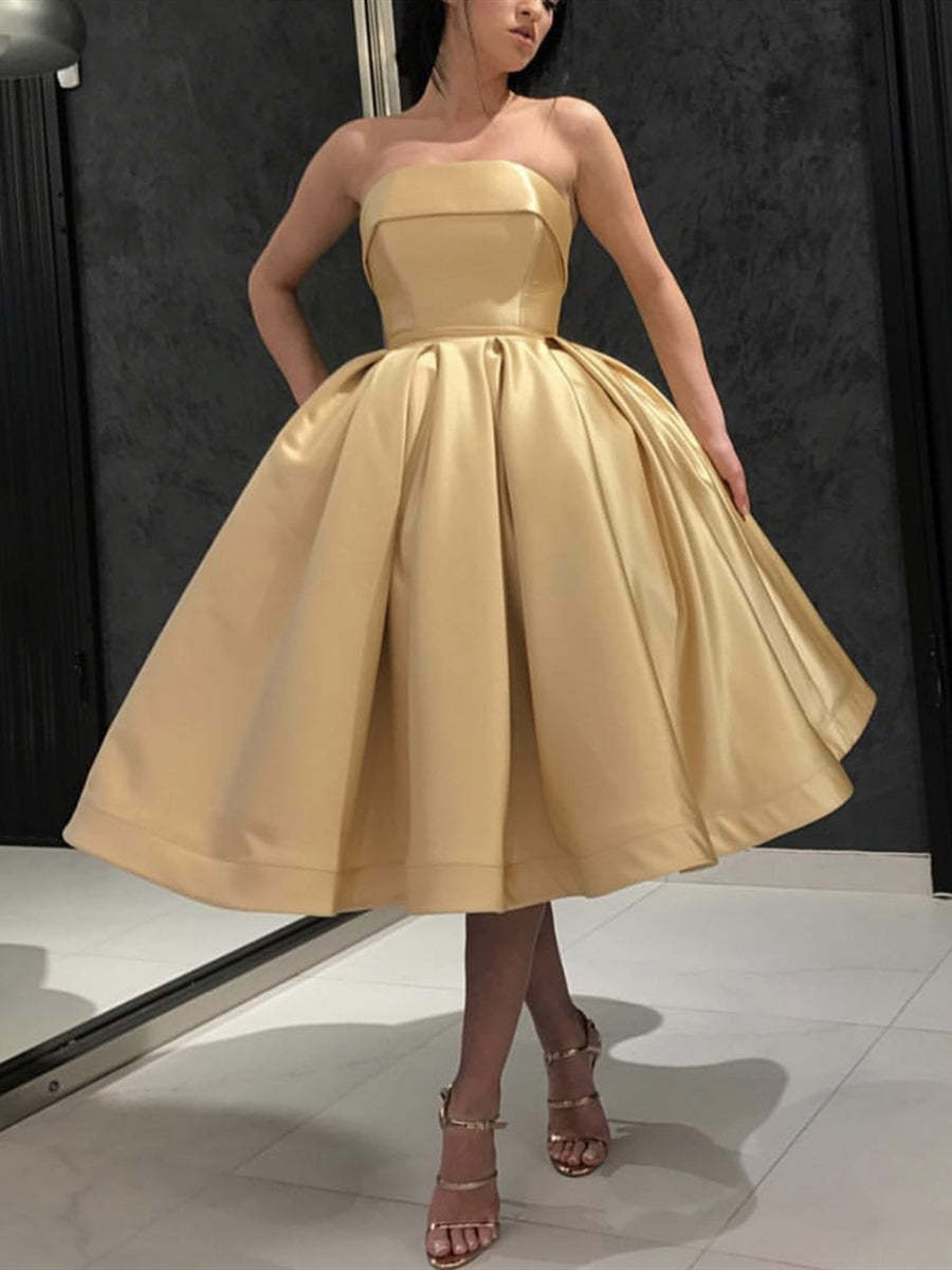 Strapless Tea Length Golden Prom Dress, Homecoming, Cocktail, Formal Gown
