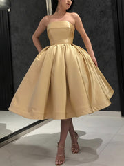 Strapless Tea Length Golden Prom Dress, Homecoming, Cocktail, Formal Gown