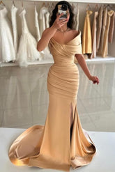 Elegant Off-Shoulder Ruched Satin Mermaid Prom Dress with Flattering Silhouette