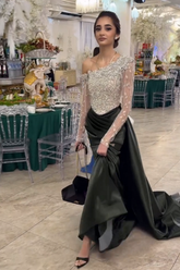 Elegant One-Shoulder Beaded Long Sleeve Ruched Satin Prom Gown for Women