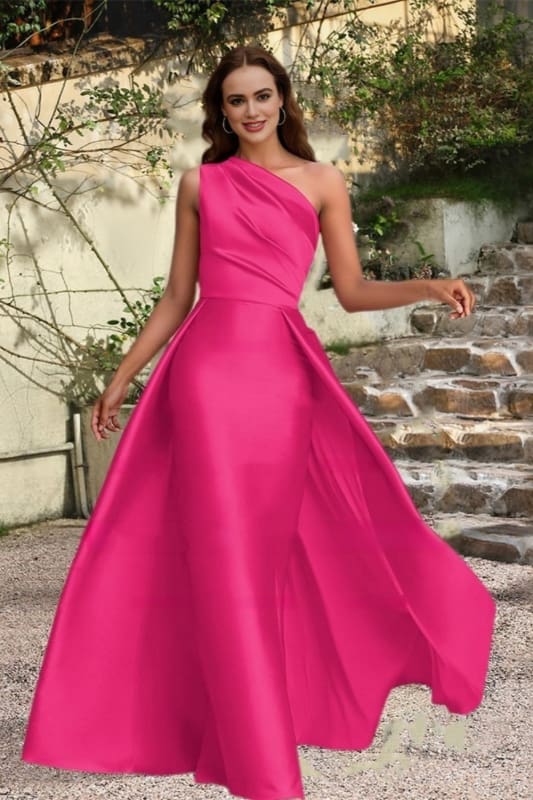 Elegant One-Shoulder Satin Ruched A-Line Prom Dress Long Evening Gown