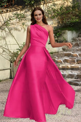 Elegant One-Shoulder Satin Ruched A-Line Prom Dress Long Evening Gown