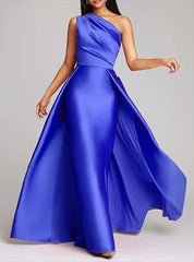 Elegant One-Shoulder Satin Ruched A-Line Prom Dress Long Evening Gown