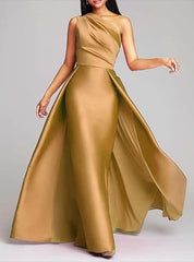 Elegant One-Shoulder Satin Ruched A-Line Prom Dress Long Evening Gown