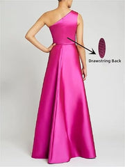 Elegant One-Shoulder Satin Ruched A-Line Prom Dress Long Evening Gown