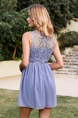 Elegant Sleeveless Chiffon Homecoming Dress with Floral Lace Mini Party