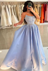 Elegant Strapless Satin A-Line Prom Dress with Ruched Sequins Detailing