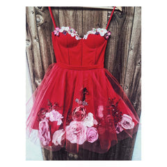 Sweetheart Neck Short Red 3D Floral Prom Homecoming Dress for Party