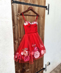 Sweetheart Neck Short Red 3D Floral Prom Homecoming Dress for Party