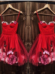 Sweetheart Neck Short Red 3D Floral Prom Homecoming Dress for Party