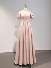 Elegant A-Line Puff Sleeves Pink Satin Long Prom Bridesmaid Dress