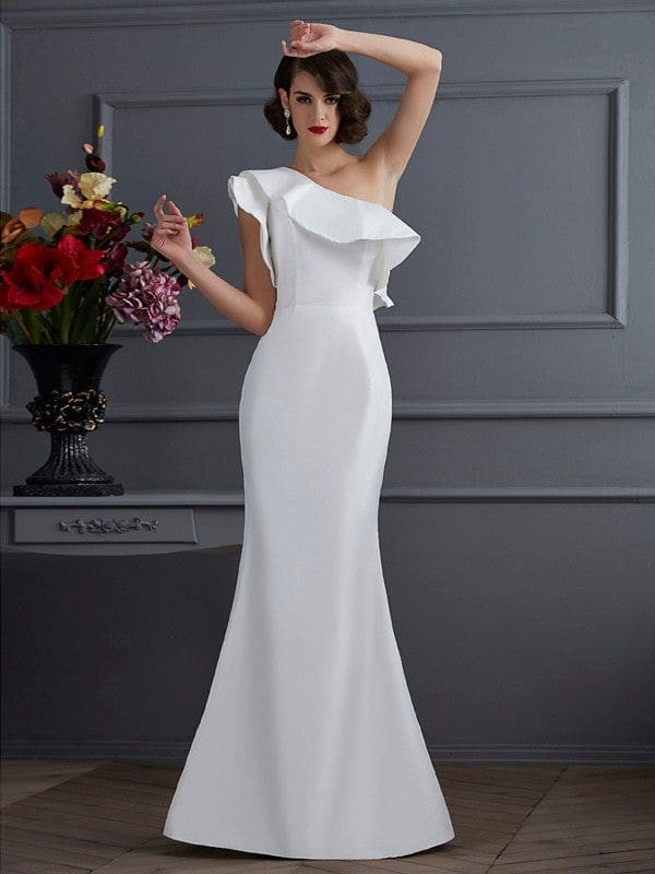 Elegant One-Shoulder Taffeta Trumpet Mermaid Prom Dress with Ruffles