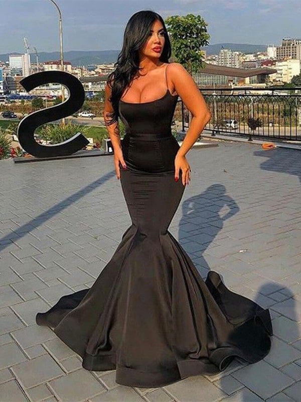 Elegant Trumpet Mermaid Sleeveless Spaghetti Straps Ruffled Satin Prom Dress