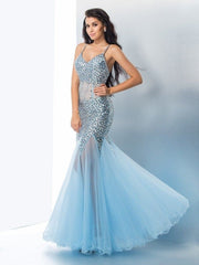 Elegant Sequin Tulle Trumpet Mermaid Prom Dress, Spaghetti Straps, Long Sleeveless Gown