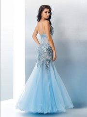 Elegant Sequin Tulle Trumpet Mermaid Prom Dress, Spaghetti Straps, Long Sleeveless Gown