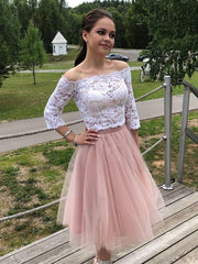 Two Piece White Lace Top Pink Short Homecoming Dress Formal Evening