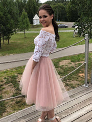 Two Piece White Lace Top Pink Short Homecoming Dress Formal Evening