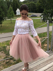 Two Piece White Lace Top Pink Short Homecoming Dress Formal Evening