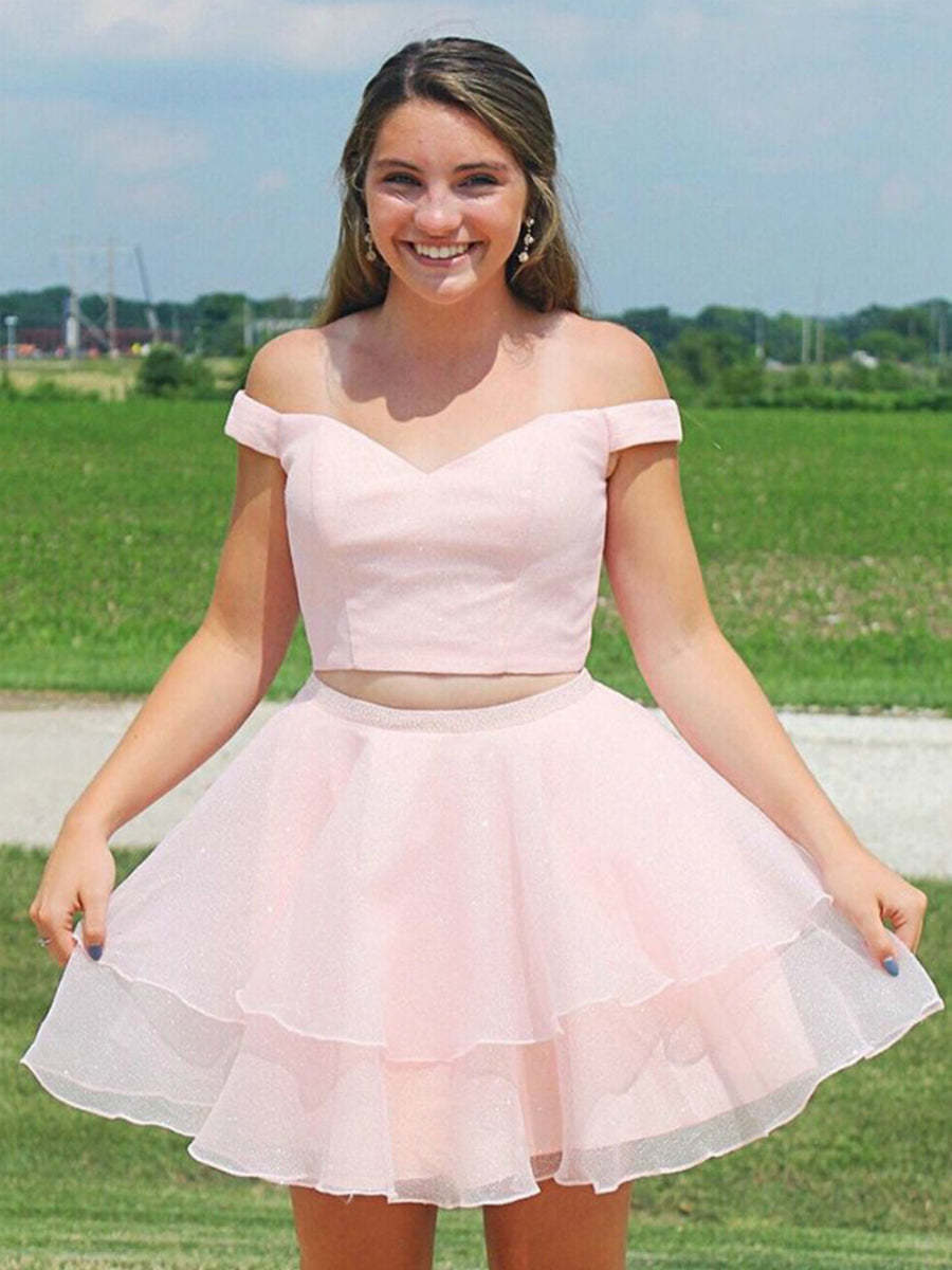 Chic Two-Piece Pink Prom Dress: Off-Shoulder, Short, with Cross Back Design