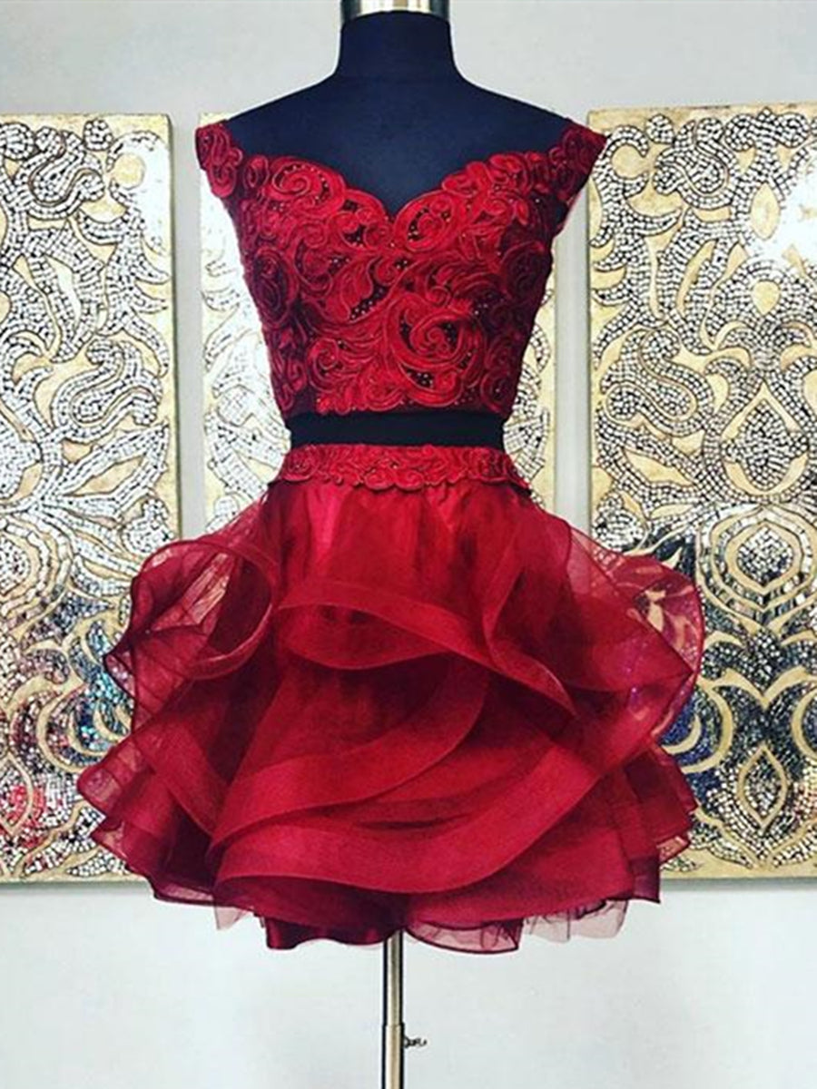 Elegant Two-Piece Burgundy Lace Prom Dress for Graduation & Homecoming Events Elegant Two-Piece Burgundy Lace Prom Dress for Graduation & Homecoming Events