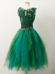 Unique Beaded Floral Short Green Lace Prom Dress: Fluffy Formal Graduation Homecoming