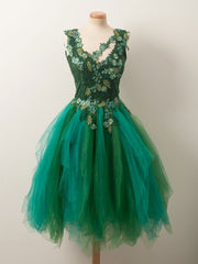 Unique Beaded Floral Short Green Lace Prom Dress: Fluffy Formal Graduation Homecoming