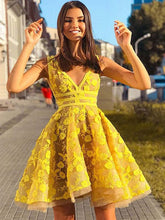 Unique V-Neck Lace Applique Yellow Short Prom Homecoming Graduation Dress