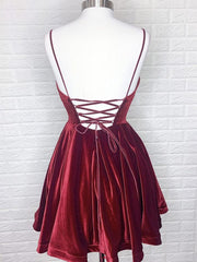 Elegant V-Neck Backless Burgundy Velvet Short Prom Dress, Formal Graduation Homecoming
